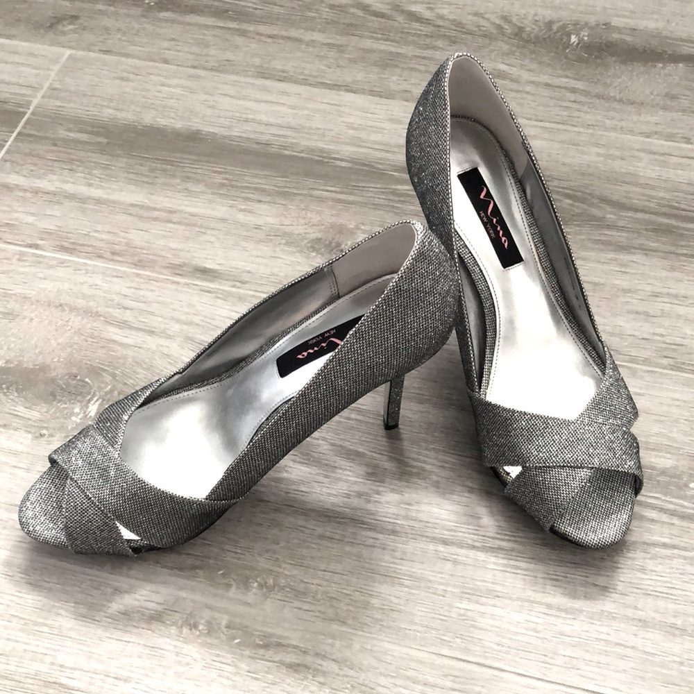 Nina silver peep toe pumps